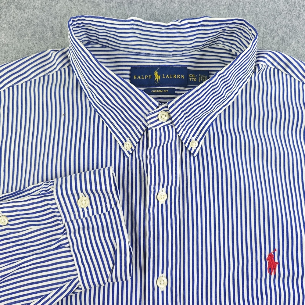 Ralph Lauren Shirt Mens 2XL Custom Fit Blue Vertical Striped Long Sleeve Button